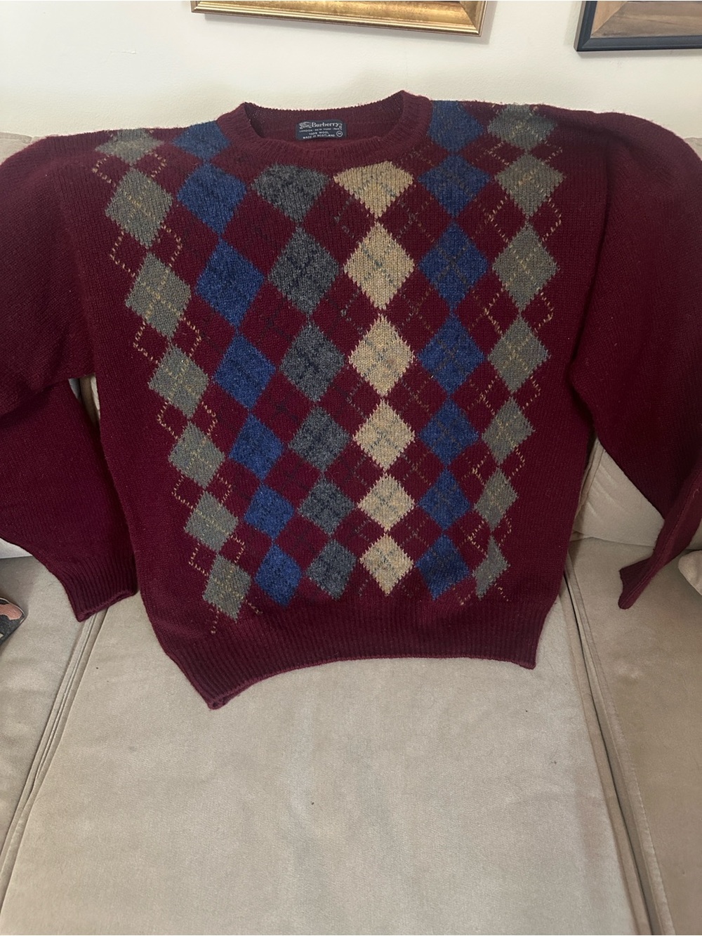 Burberry Burgundy Argyle Crewneck Sweater with Blue and Gray Diamonds